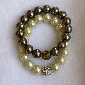 Set Of 2 Faux Pearl & Crystal Stretch Bracelets